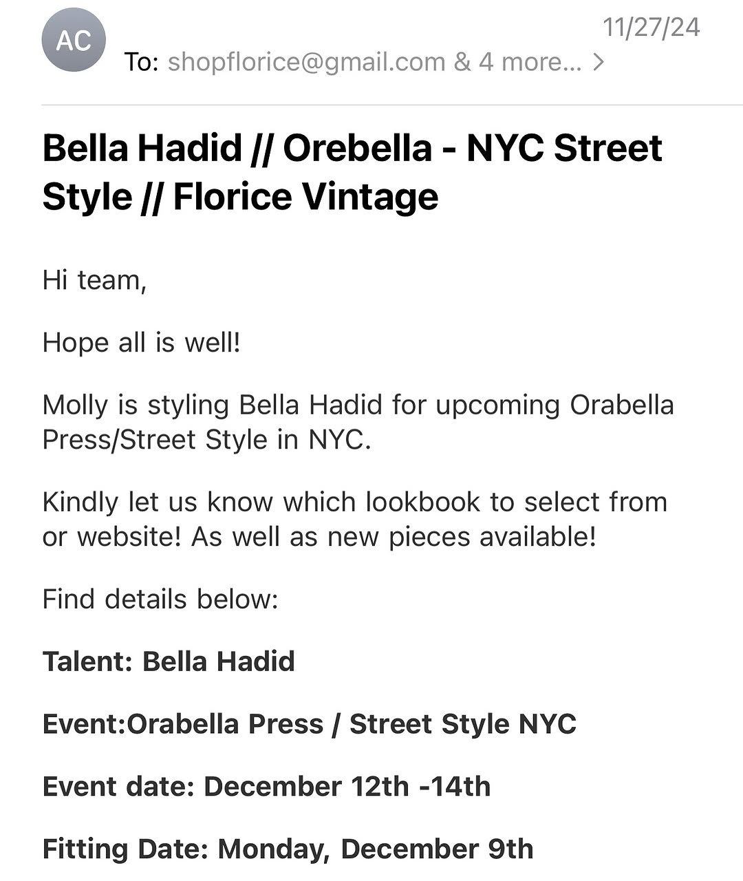 Bella Hadid's team email to Philippine Instagram vintage shop Shop Florice