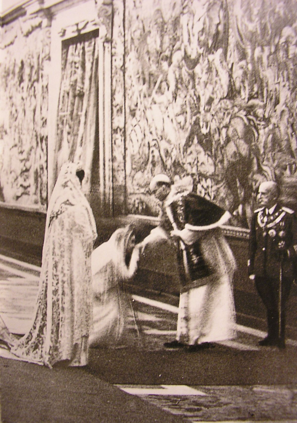 Queen Elena of Italy and Crown Princess Marie-José wearing white garments in the presence of Pope Pius XII