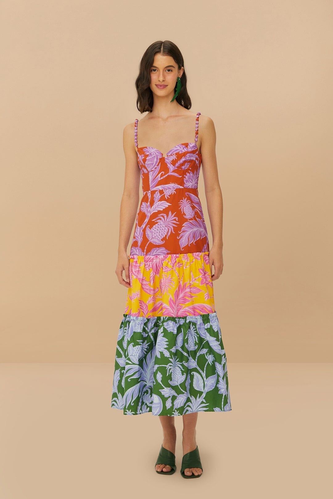 Farm Rio Mixed Tropical Swing Sleeveless Midi Dress