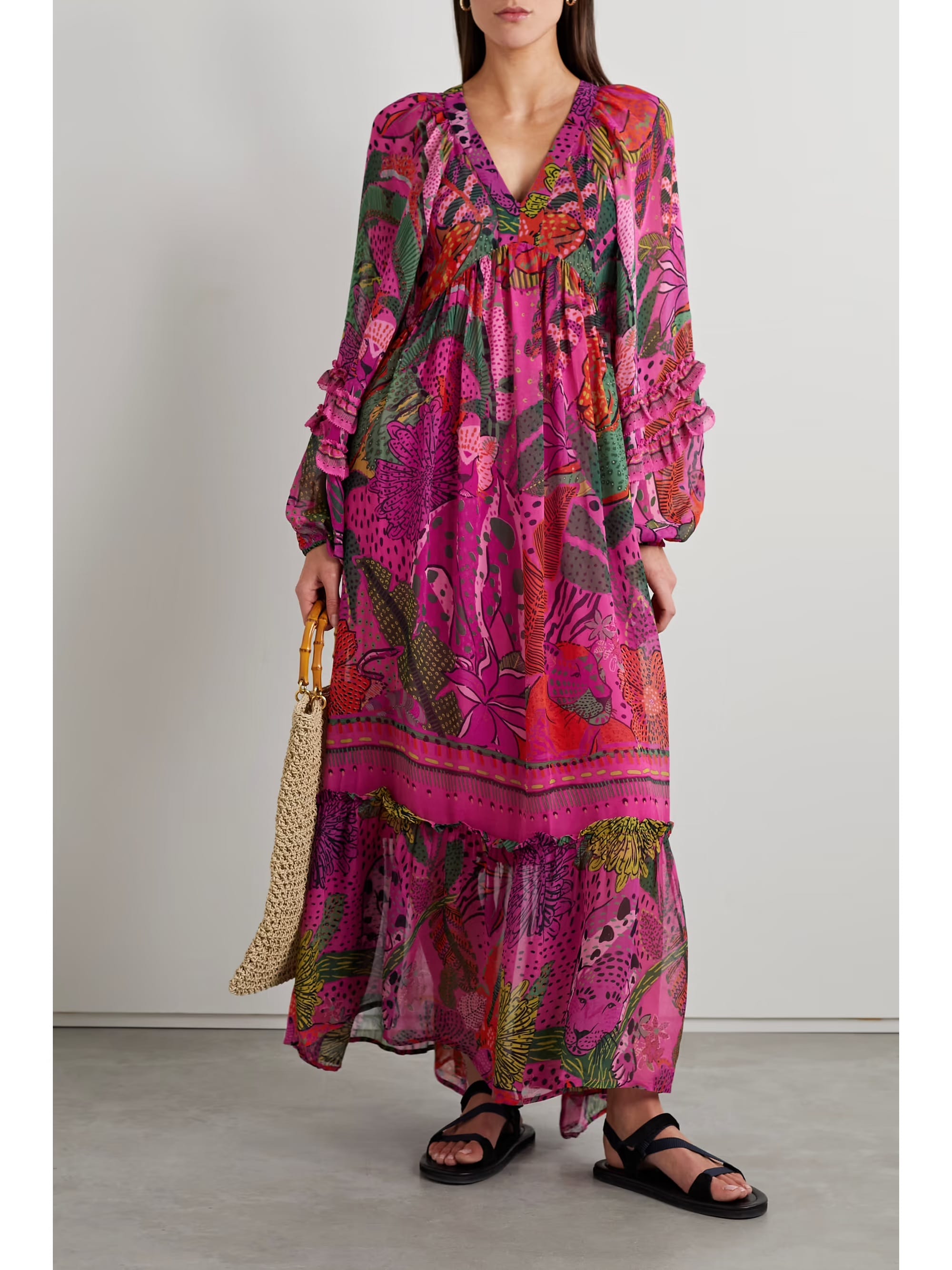 Farm Rio Open-back Ruffled Printed Georgette Maxi Dress