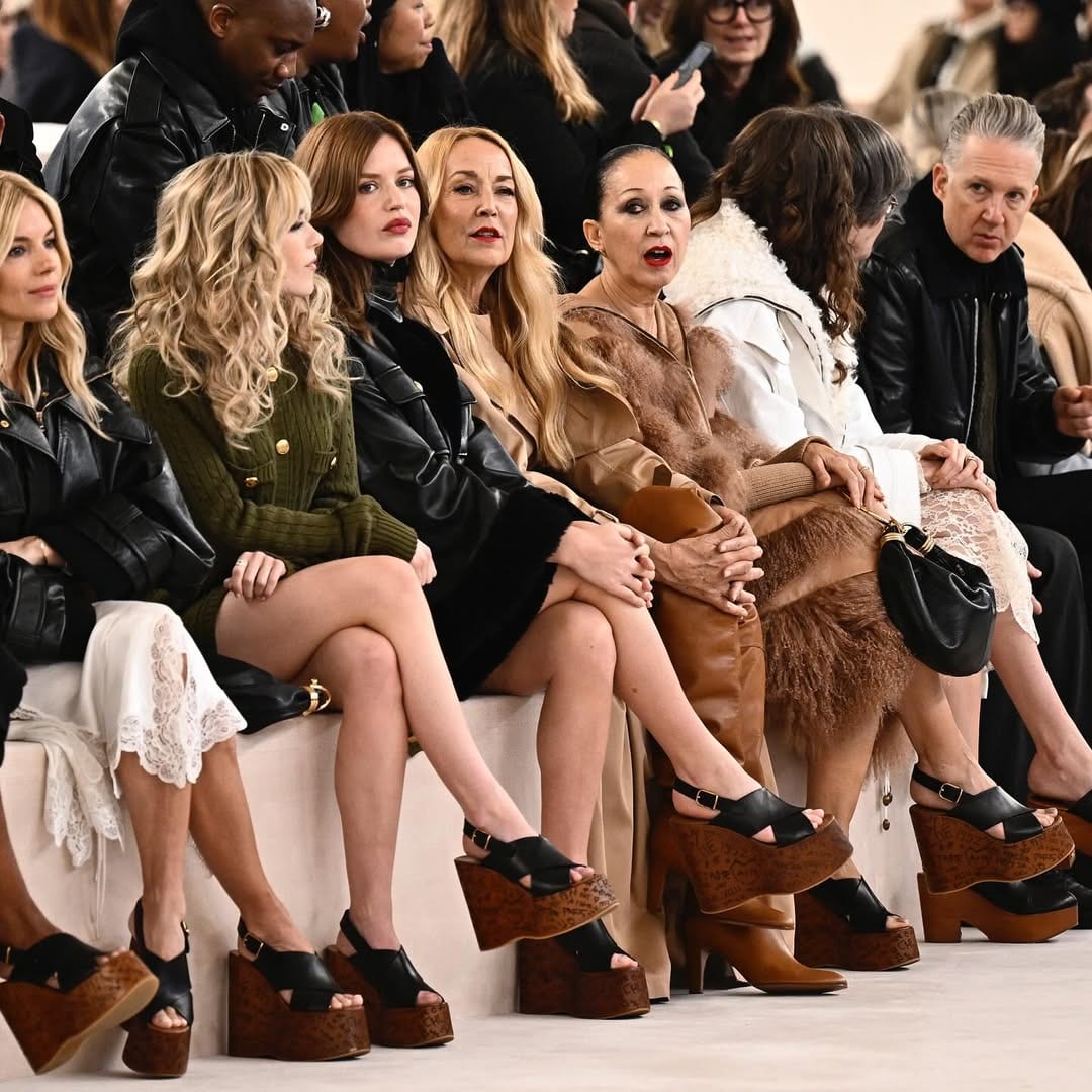 Front row guests at Chloé's Fall/Winter 2025 show wearing the Maxime Wedge Sandals. PHOTO: INSTAGRAM/FOOTWEARNEWS