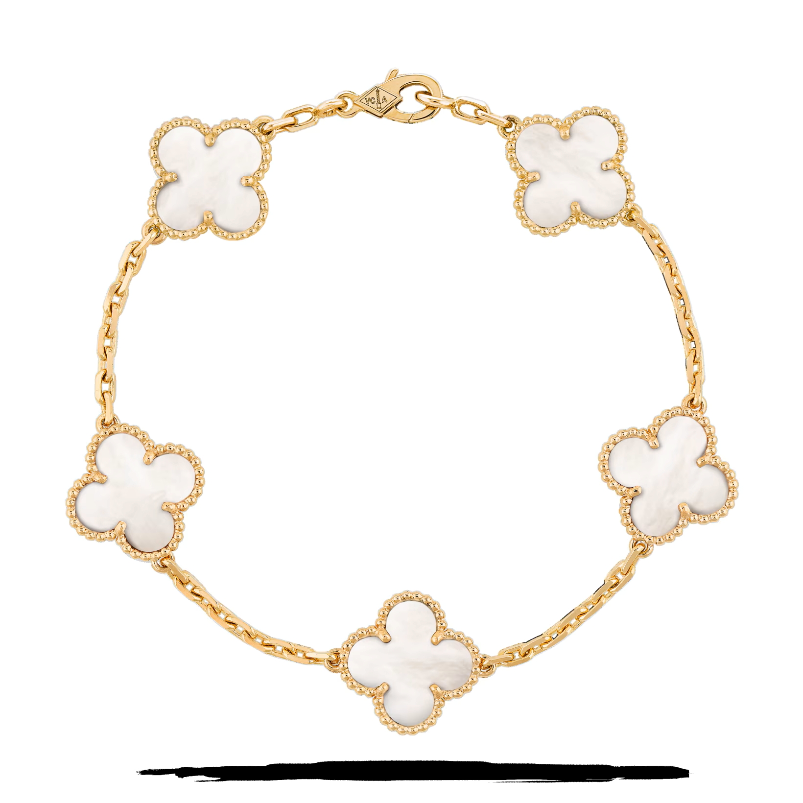 Vintage Alhambra bracelet, 5 motifs in 18K yellow gold, Mother-of-pearl, $5050 (approximately P287,481.35), VAN CLEEF & ARPELS, vancleefarpels.com