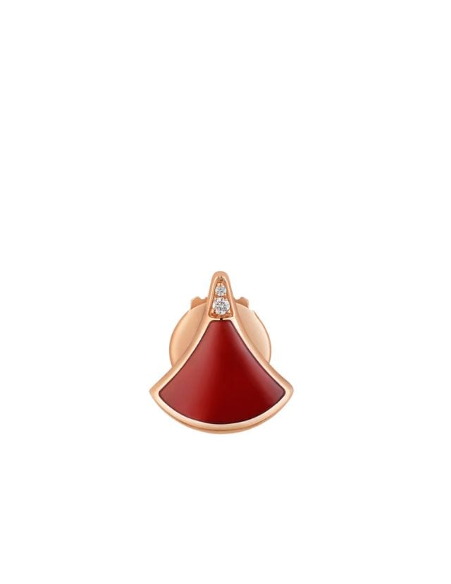 Divas' Dream 18 kt rose gold fan-shaped single stud earring set with carnelian and pavé diamonds