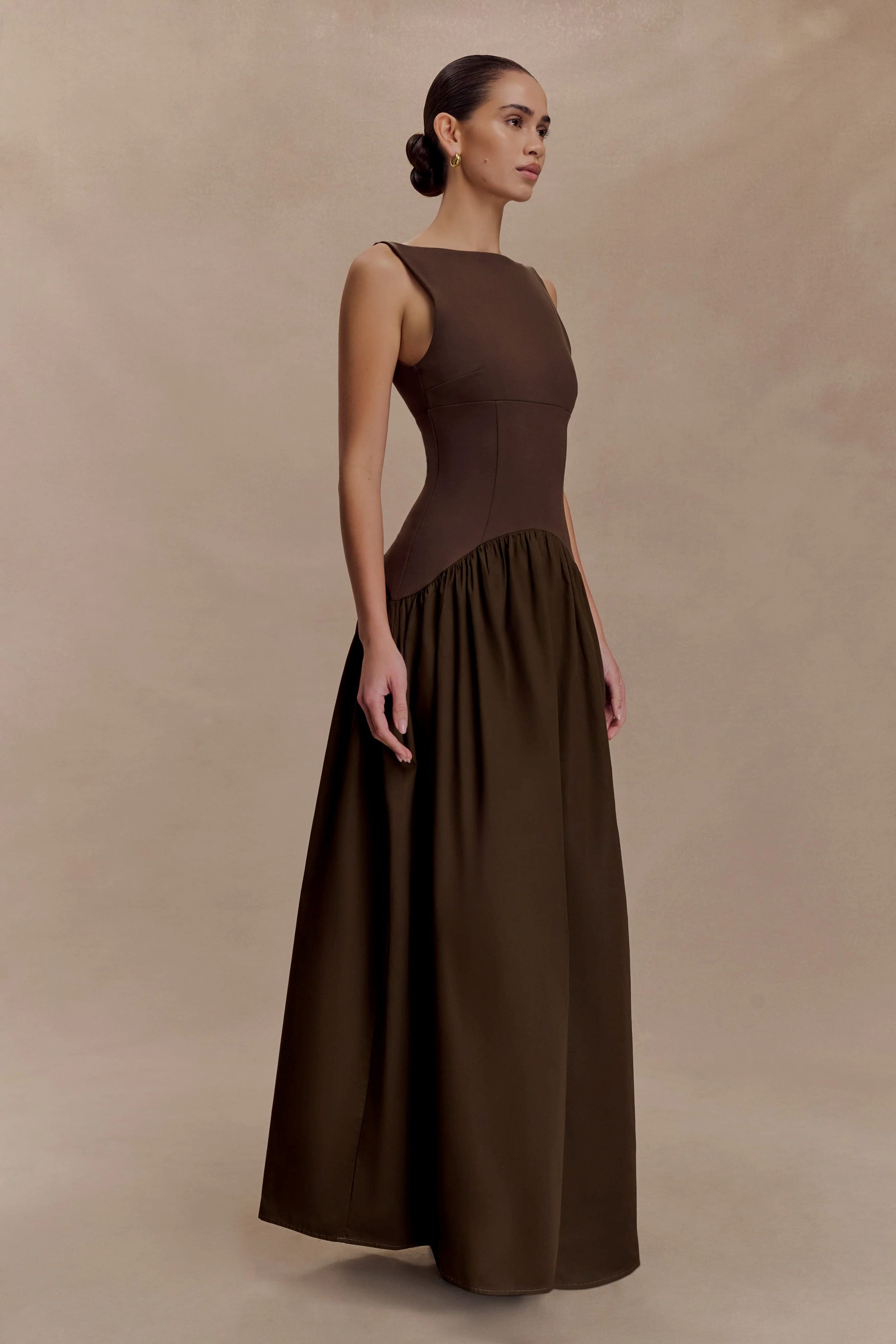 Acacia Contrast Sleeveless Maxi Dress - Chocolate, AUD 179 (approximately P6,809.82), MESHKI, meshki.com.au