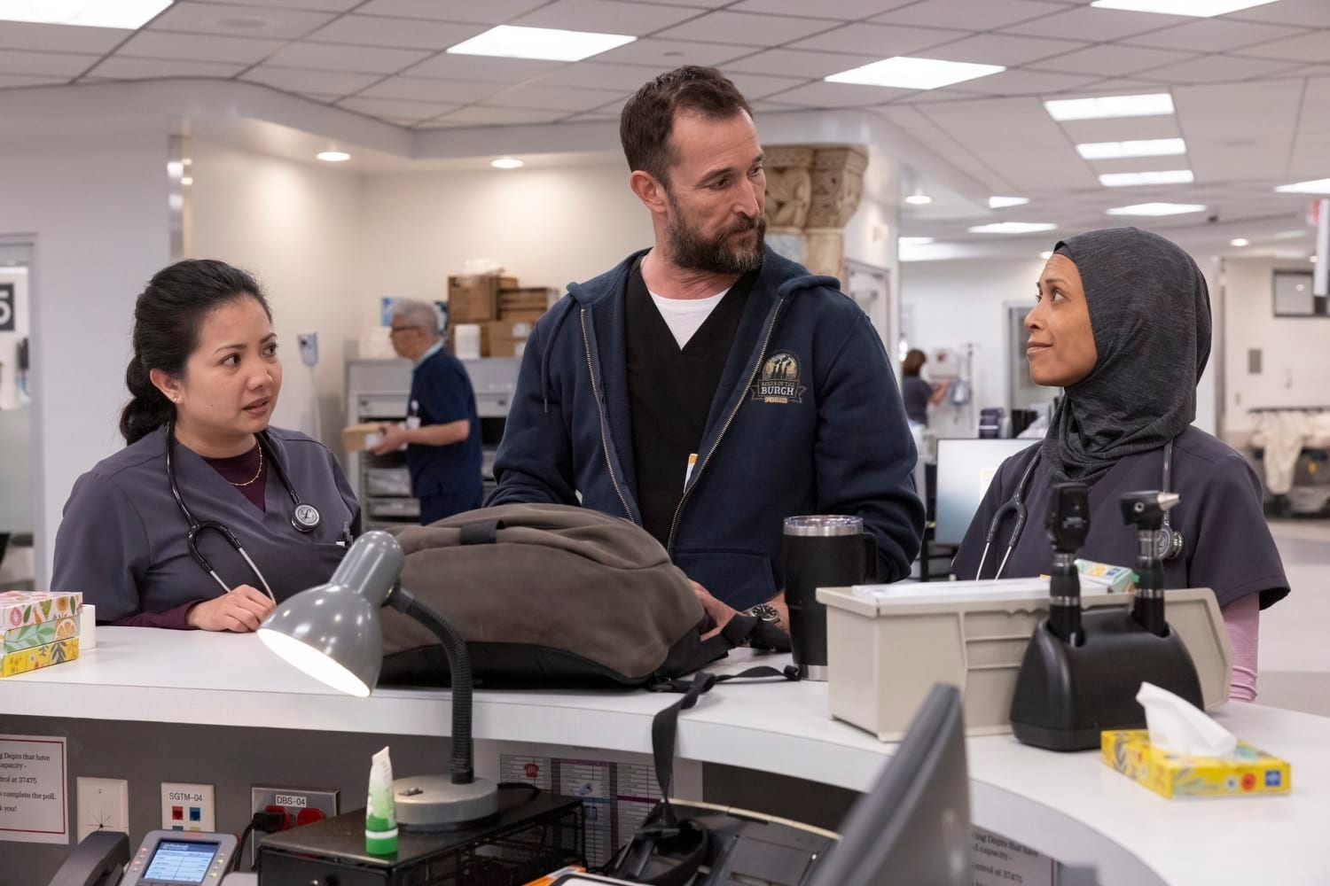 Kristin Villanueva as Nurse Princess Dela Cruz, Noah Wyle as Dr. Michael Robinavitch, and Amielynn Abellera as Nurse Perlah Alawi in "The Pitt"