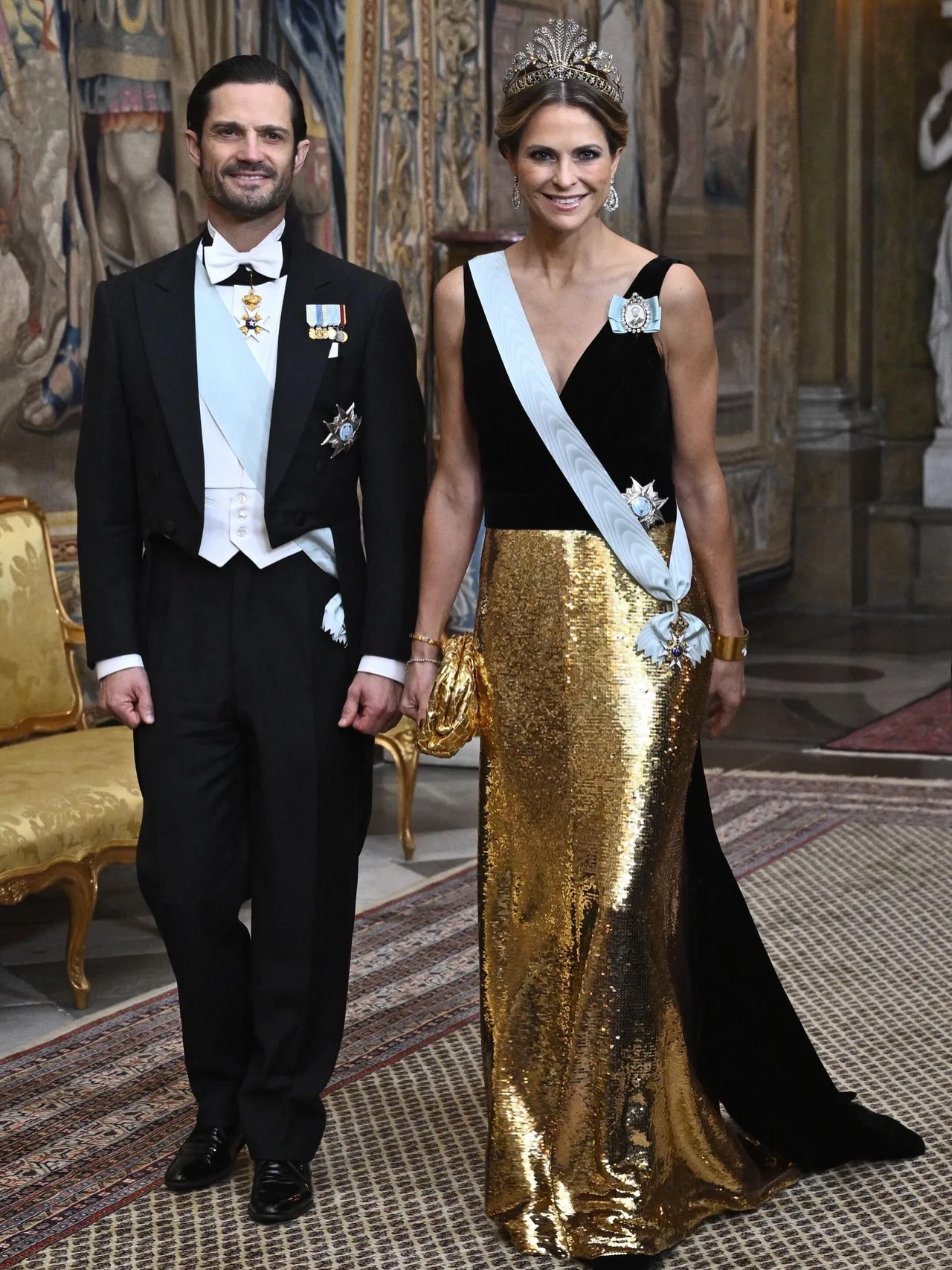 Princess Madeleine of Sweden wearing Monique Lhuillier to 2025 Nobel Prize King's Dinner