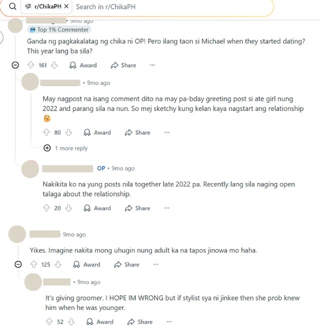 Reddit comments about Joyce Tan Custodio's relationship with Michael Pacquiao