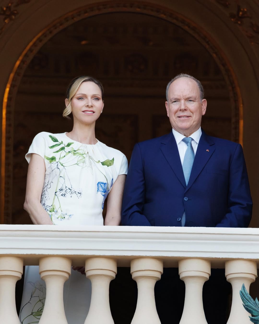 Princess Charlene of Monaco wearing Monique Lhuillier