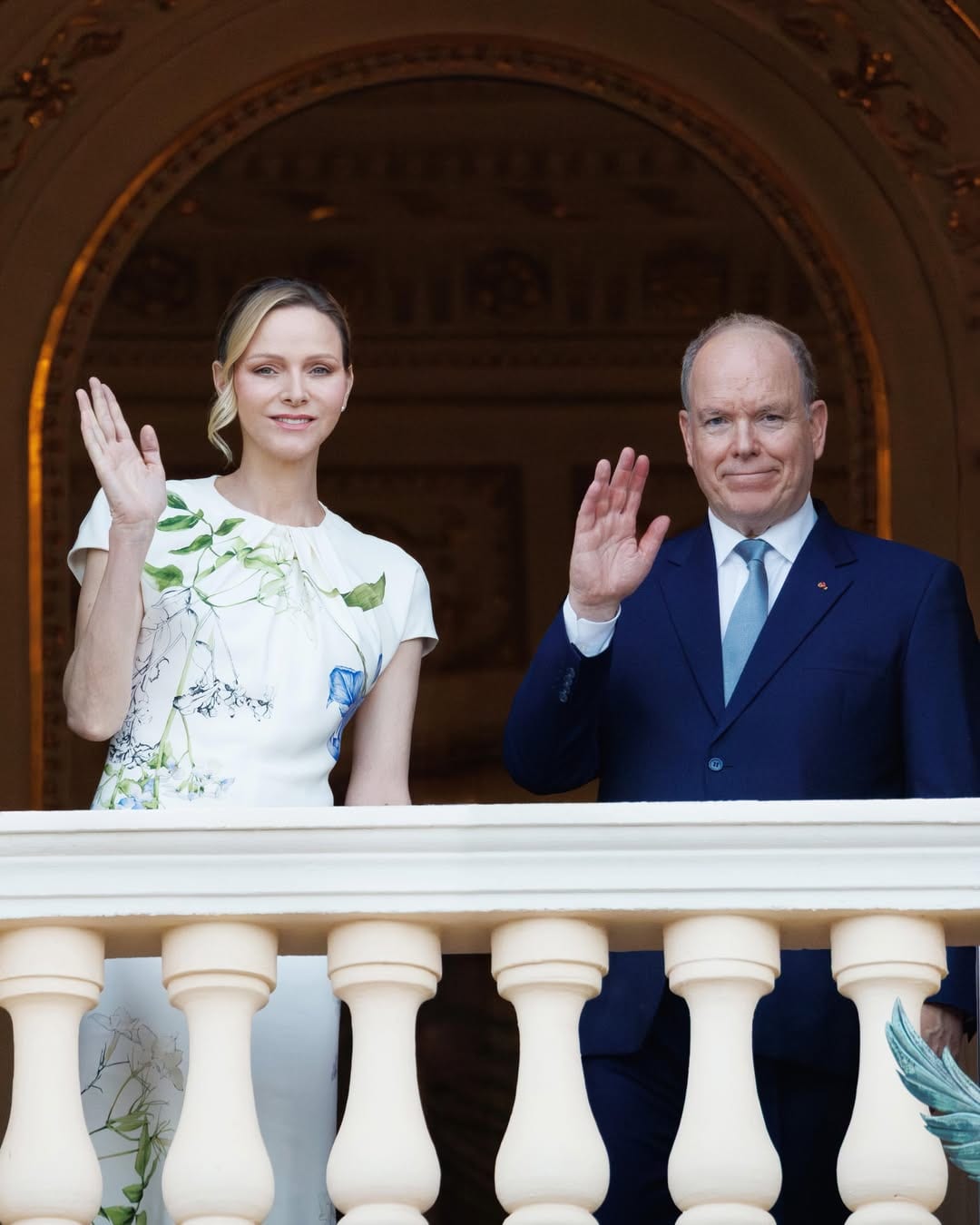 Princess Charlene of Monaco wearing Monique Lhuillier