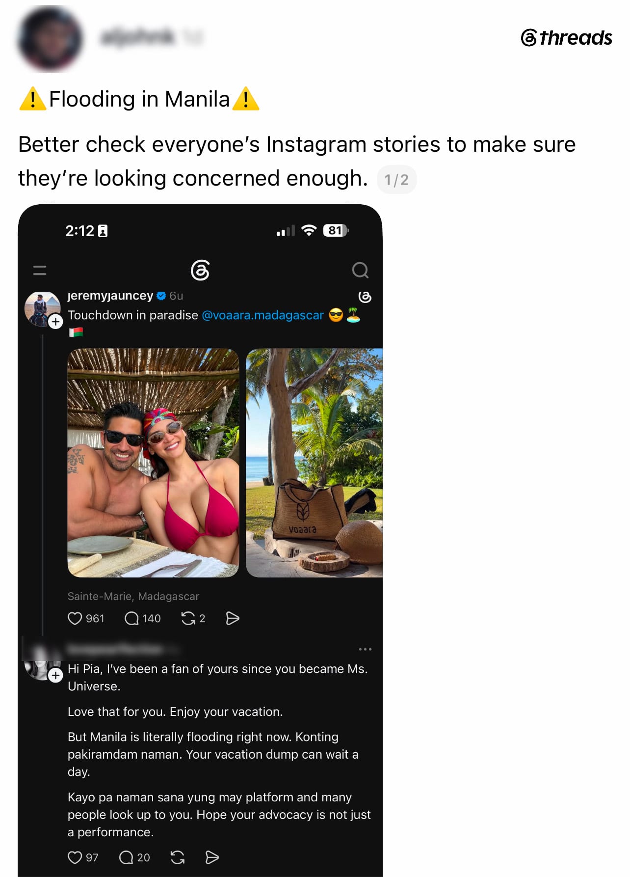 A viral Threads post questioned whether Pia Wurtzbach should be criticized for sharing vacation photos while parts of the Philippines experienced widespread flooding.