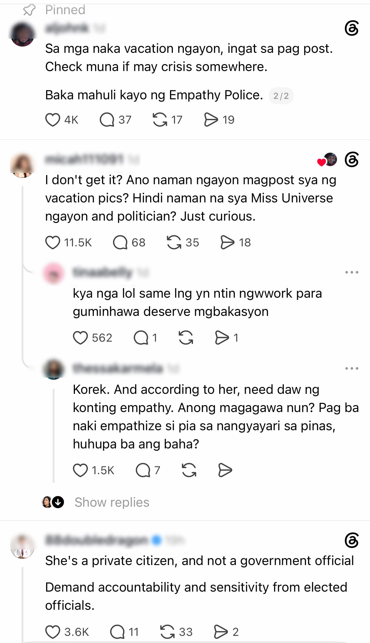 The conversation prompted mixed reactions online, with many netizens defending Pia Wurtzbach and redirecting calls for accountability toward public officials.
