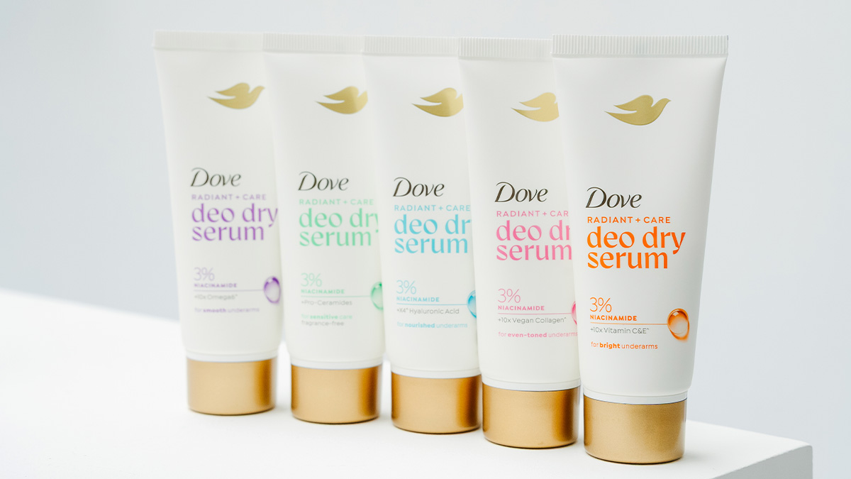 the five variants of the Dove Radiant + Care Deo Serum range