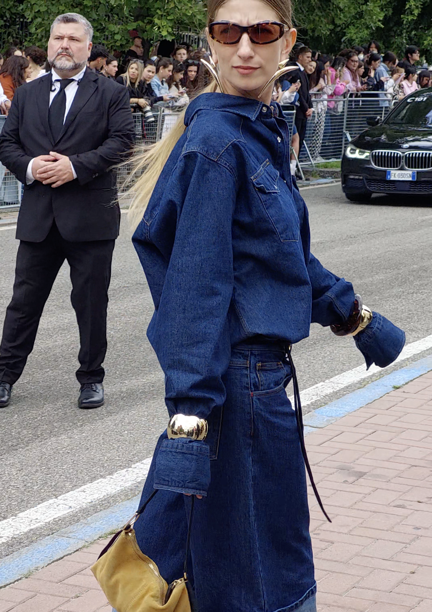 Woman in all denim wear attending Paris Fashion Week
