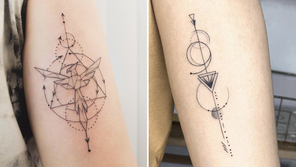An image of a tattoo artist creating a minimalist geometric tattoo, highlighting the use of clean lines and symmetry