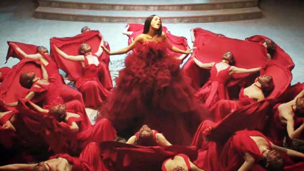 ariana grande red dress beauty and the beast Ariana Grande Becomes The Enchanted Rose In The Beauty & The Beast Music  Video